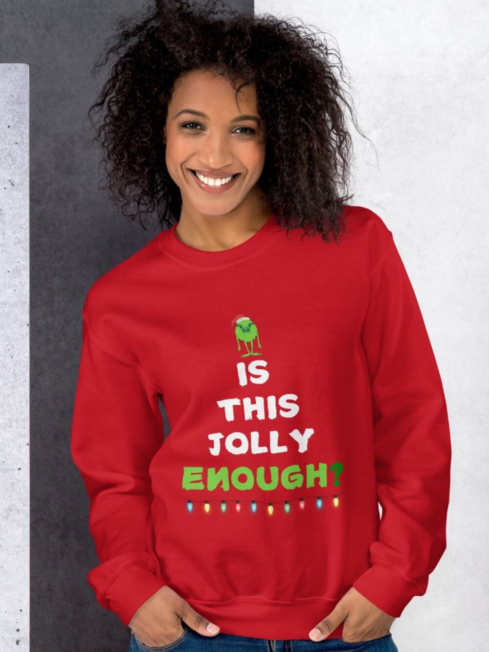 Funny NEW Ugly Sweater Red Christmas Crewneck Sweatshirt "Is This Jolly Enough?"